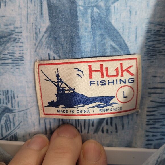 Huk KC Kona Stamped Shirt Men's Size Large Blue Button Up Fishing Outdoor Top - Picture 7 of 11